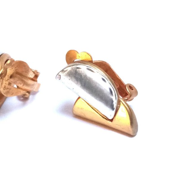 Vintage Modern Design Earrings, 1970s retro Clip On ,  Tow Tone Gold plated, - Picture 7 of 9